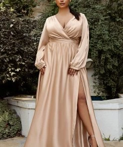 Plus Size Long Sleeve Satin Gown By Cinderella Divine 7475C