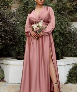 Plus Size Long Sleeve Satin Gown By Cinderella Divine 7475C