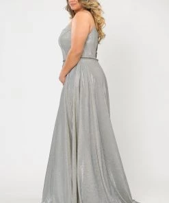 Poly USA Plus Size Prom Plus Size Long Square Neck Glitter Dress By Poly USA W1038