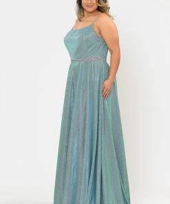Poly USA Plus Size Prom Plus Size Long Square Neck Glitter Dress By Poly USA W1038