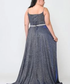 Poly USA Plus Size Prom Plus Size Long Square Neck Glitter Dress By Poly USA W1038
