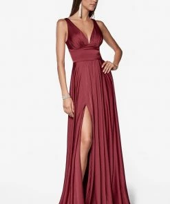 Plus Size Long Satin V-Neck Dress By Cinderella Divine 7469 Prom
