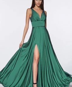 Plus Size Long Satin V-Neck Dress By Cinderella Divine 7469 Prom