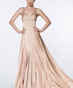Plus Size Long Satin V-Neck Dress By Cinderella Divine 7469 Prom