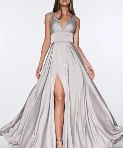 Plus Size Long Satin V-Neck Dress By Cinderella Divine 7469 Prom