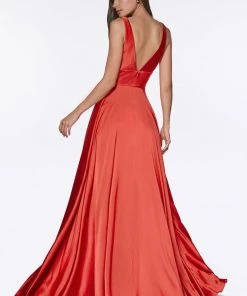 Plus Size Long Satin V-Neck Dress By Cinderella Divine 7469 Prom