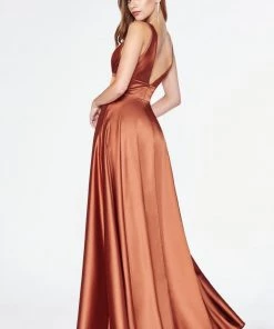 Plus Size Long Satin V-Neck Dress By Cinderella Divine 7469 Prom