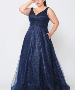 Poly USA Plus Size Prom Plus Size Long V-Neck Glitter Dress By Poly USA W1024
