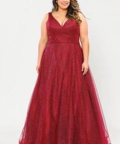 Poly USA Plus Size Prom Plus Size Long V-Neck Glitter Dress By Poly USA W1024