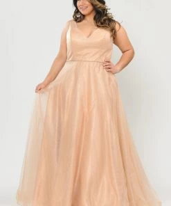 Poly USA Plus Size Prom Plus Size Long V-Neck Glitter Dress By Poly USA W1024