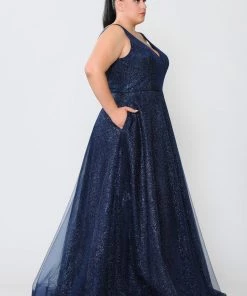 Poly USA Plus Size Prom Plus Size Long V-Neck Glitter Dress By Poly USA W1024