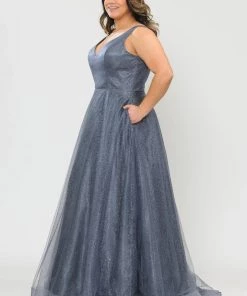 Poly USA Plus Size Prom Plus Size Long V-Neck Glitter Dress By Poly USA W1024