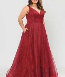 Poly USA Plus Size Prom Plus Size Long V-Neck Glitter Dress By Poly USA W1024
