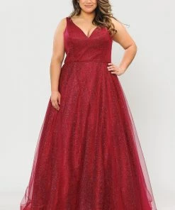 Poly USA Plus Size Prom Plus Size Long V-Neck Glitter Dress By Poly USA W1024
