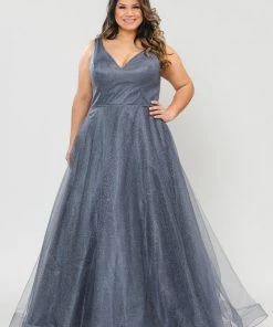 Poly USA Plus Size Prom Plus Size Long V-Neck Glitter Dress By Poly USA W1024