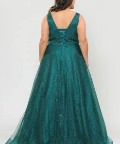 Poly USA Plus Size Prom Plus Size Long V-Neck Glitter Dress By Poly USA W1024
