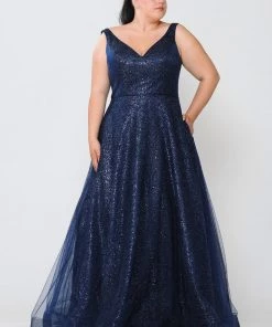 Poly USA Plus Size Prom Plus Size Long V-Neck Glitter Dress By Poly USA W1024