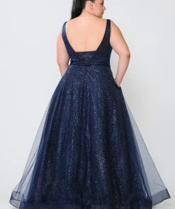 Poly USA Plus Size Prom Plus Size Long V-Neck Glitter Dress By Poly USA W1024
