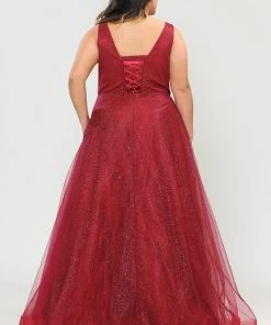 Poly USA Plus Size Prom Plus Size Long V-Neck Glitter Dress By Poly USA W1024