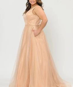Poly USA Plus Size Prom Plus Size Long V-Neck Glitter Dress By Poly USA W1024