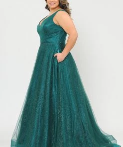 Poly USA Plus Size Prom Plus Size Long V-Neck Glitter Dress By Poly USA W1024