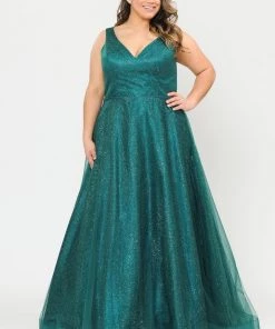 Poly USA Plus Size Prom Plus Size Long V-Neck Glitter Dress By Poly USA W1024