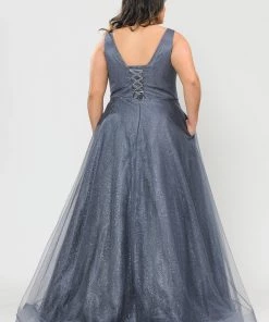 Poly USA Plus Size Prom Plus Size Long V-Neck Glitter Dress By Poly USA W1024