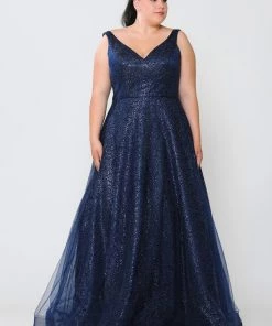 Poly USA Plus Size Prom Plus Size Long V-Neck Glitter Dress By Poly USA W1024