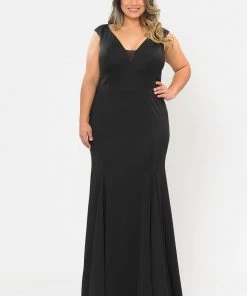 Poly USA Plus Size Plus Size Long V-Neck Jersey Fitted Dress By Poly USA W1022