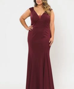 Poly USA Plus Size Plus Size Long V-Neck Jersey Fitted Dress By Poly USA W1022