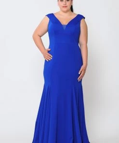 Poly USA Plus Size Plus Size Long V-Neck Jersey Fitted Dress By Poly USA W1022