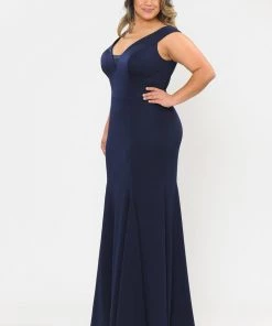 Poly USA Plus Size Plus Size Long V-Neck Jersey Fitted Dress By Poly USA W1022