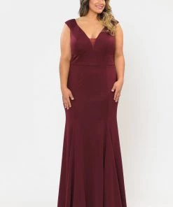 Poly USA Plus Size Plus Size Long V-Neck Jersey Fitted Dress By Poly USA W1022