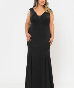Poly USA Plus Size Plus Size Long V-Neck Jersey Fitted Dress By Poly USA W1022