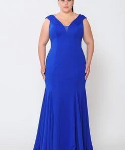 Poly USA Plus Size Plus Size Long V-Neck Jersey Fitted Dress By Poly USA W1022