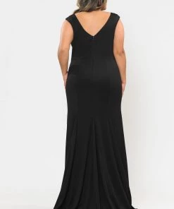 Poly USA Plus Size Plus Size Long V-Neck Jersey Fitted Dress By Poly USA W1022