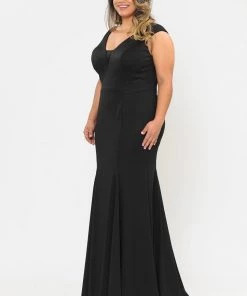 Poly USA Plus Size Plus Size Long V-Neck Jersey Fitted Dress By Poly USA W1022