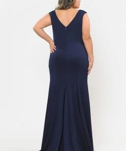 Poly USA Plus Size Plus Size Long V-Neck Jersey Fitted Dress By Poly USA W1022