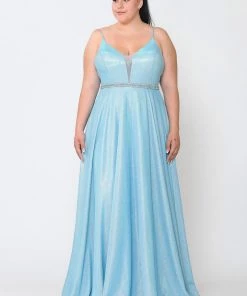 Poly USA Plus Size Plus Size Long V-Neck Metallic Glitter Dress By Poly USA W1048 Prom