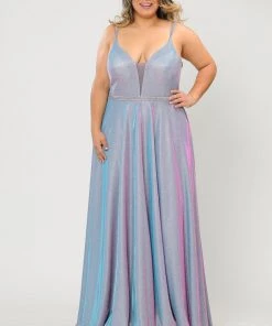 Poly USA Plus Size Plus Size Long V-Neck Metallic Glitter Dress By Poly USA W1048 Prom
