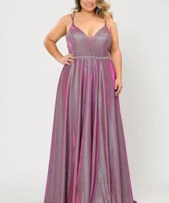 Poly USA Plus Size Plus Size Long V-Neck Metallic Glitter Dress By Poly USA W1048 Prom
