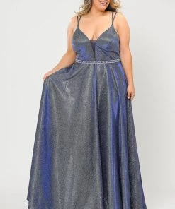 Poly USA Plus Size Plus Size Long V-Neck Metallic Glitter Dress By Poly USA W1048 Prom