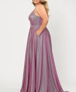 Poly USA Plus Size Plus Size Long V-Neck Metallic Glitter Dress By Poly USA W1048 Prom
