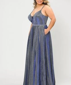 Poly USA Plus Size Plus Size Long V-Neck Metallic Glitter Dress By Poly USA W1048 Prom
