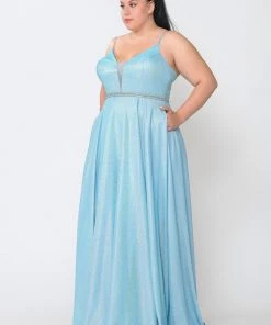Poly USA Plus Size Plus Size Long V-Neck Metallic Glitter Dress By Poly USA W1048 Prom