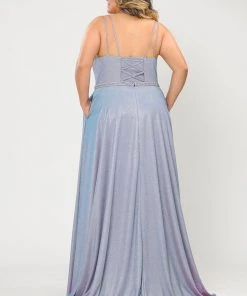 Poly USA Plus Size Plus Size Long V-Neck Metallic Glitter Dress By Poly USA W1048 Prom