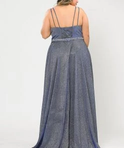 Poly USA Plus Size Plus Size Long V-Neck Metallic Glitter Dress By Poly USA W1048 Prom