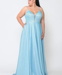 Poly USA Plus Size Plus Size Long V-Neck Metallic Glitter Dress By Poly USA W1048 Prom