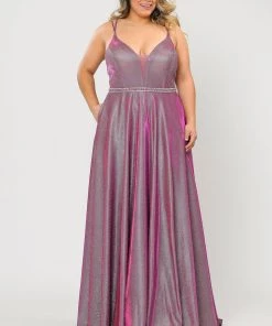 Poly USA Plus Size Plus Size Long V-Neck Metallic Glitter Dress By Poly USA W1048 Prom