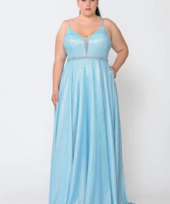 Poly USA Plus Size Plus Size Long V-Neck Metallic Glitter Dress By Poly USA W1048 Prom